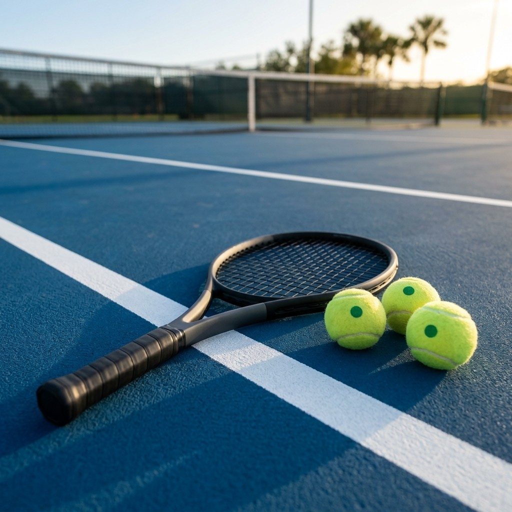Tennis racquet and green-stage balls on a blue hard court